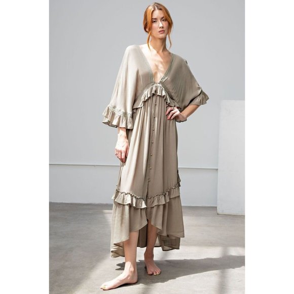 Easel Faded Olive Button Down Wing Sleeve Rayon Gauze Ruffled Edges Maxi Dress - Picture 2 of 8